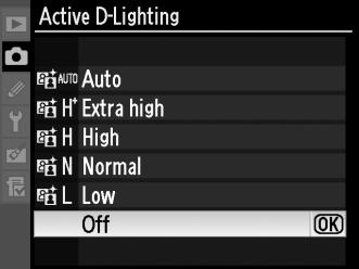 Για να χρησιμοποιήσετε το Active D-Lighting (Ενεργό D-Lighting): 1 Επιλέξτε το στοιχείο [Active D-Lighting] (Ενεργό D-Lighting). Στο μενού λήψης (σελ.