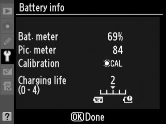 Battery Info (Πληροφορίες μπαταρίας) Εμφανίστε πληροφορίες σχετικά με την μπαταρία που είναι τοποθετημένη στη μηχανή. Στοιχείο Bat. meter (Μετρητής μπαταρίας) Pic.