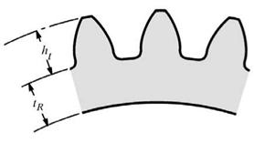 3.4.1. Συντελεστής πάχους στεφάνης του τροχού Σύμφωνα με τη μοντελοποίηση του προβλήματος που αναφέρθηκε προηγουμένως (πακτωμένη δοκός), δε λαμβάνεται υπόψη το πάχος της στεφάνης του οδοντωτού τροχού.