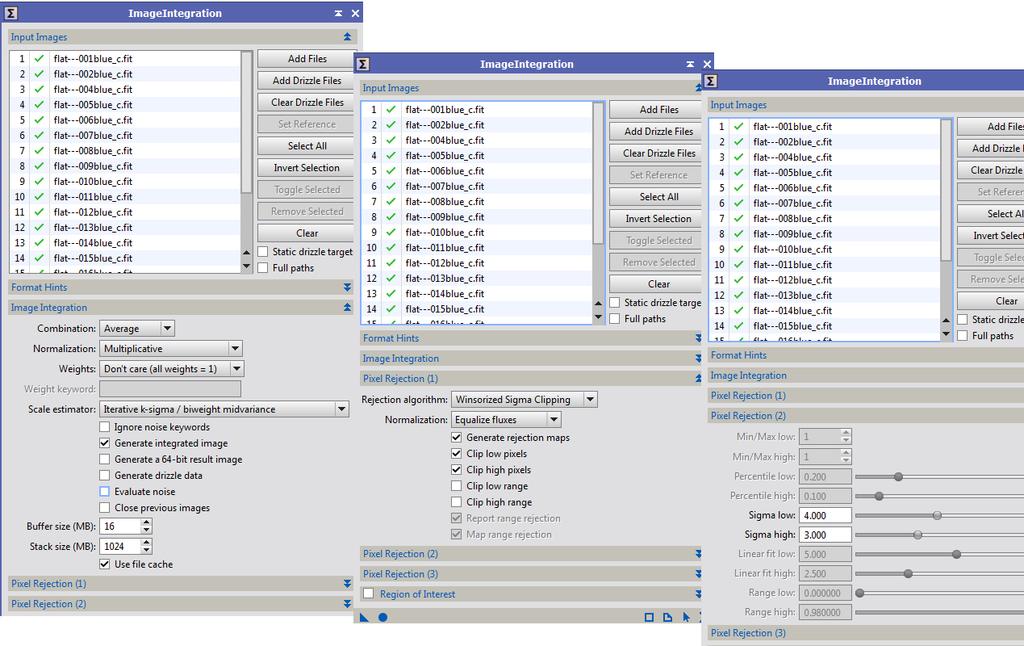 Apply global Το επόμενο βήμα είναι να ανοίξουμε το ImageIntegration process και να στακάρουμε τα calibrated flat blue frames με τελικό στόχο τη δημιουργία του master Flat blue frame.