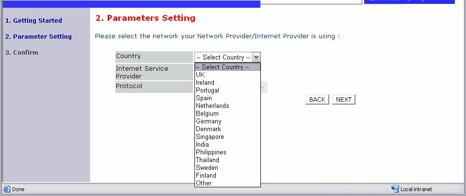 Μενού SETUP WIZARD, Συνέχεια NetFasteR IAD 2 Βήµα 2 ο : Ρυθµίσεις σύνδεσης ADSL Σ αυτό το σηµείο θα επιλέξετε τις απολύτως απαραίτητες παραµέτρους που αφορούν τη σύνδεση ADSL.