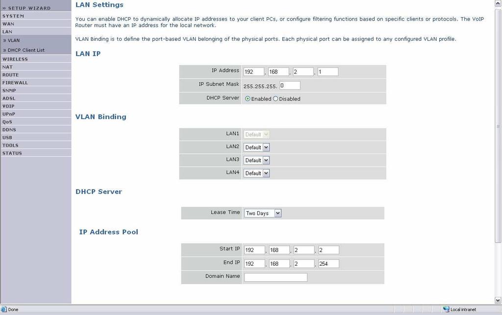 NetFasteR IAD 2 Μενού LAN Περιγραφή Μπορείτε να ενεργοποιήσετε τη δυνατότητα DHCP ώστε να ανατίθενται δυναµικά διευθύνσεις IP στους client υπολογιστές σας ή να ενεργοποιήσετε τη λειτουργία