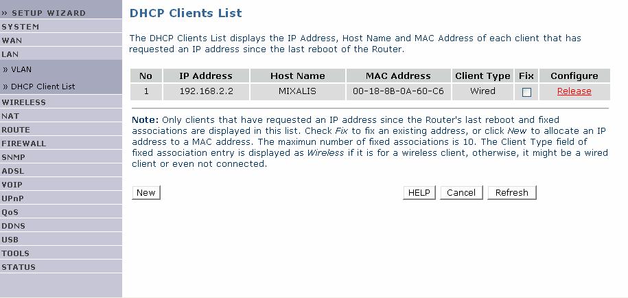 NetFasteR IAD 2 Μενού LAN, Συνέχεια DHCP Client List Η λίστα µε τους DHCP υπολογιστές εµφανίζει τις διευθύνσεις IP, το όνοµα του Host και