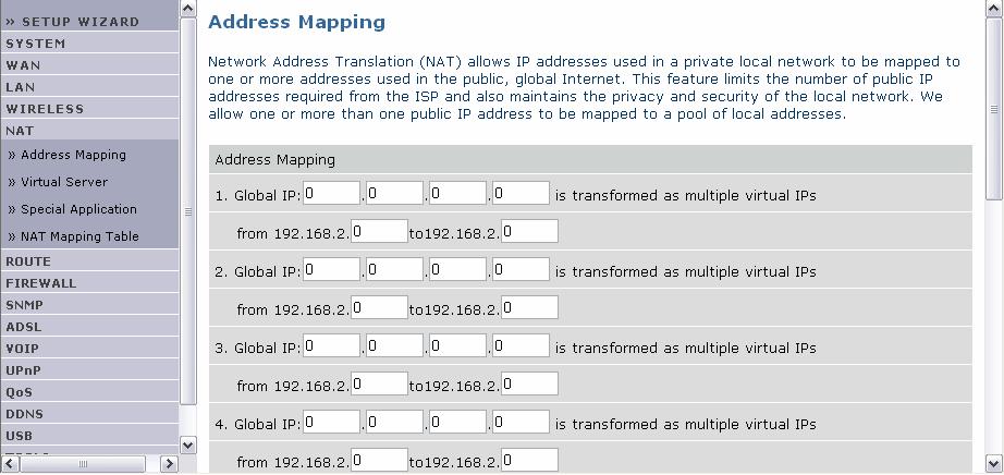 Μενού NAT NetFasteR IAD 2 Περιγραφή Η δυνατότητα NAT επιτρέπει σε πολλαπλούς τοπικούς χρήστες να έχουν πρόσβαση στο Internet µέσω µιας εξωτερικής διεύθυνσης IP ή πολλαπλών κοινών διευθύνσεων IP.