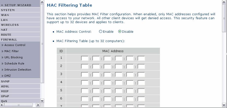 NetFasteR IAD 2 Μενού FIREWALL, Συνέχεια Φίλτρο διευθύνσεων MAC To φίλτρο διευθύνσεων MAC σας επιτρέπει να προσδιορίσετε τους υπολογιστές (clients) που θα έχουν πρόσβαση στο Internet.