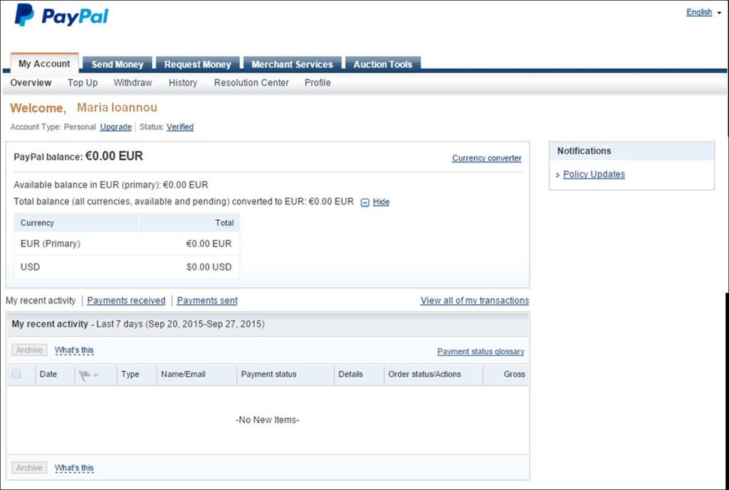 Οθόνη 161: Επισκόπηση λογαριασμού Στην ενότητα που ακολουθεί παρουσιάζονται οι βασικές συναλλαγές του PayPal όταν έχουμε εγγραφεί ως κανονικός πελάτης φυσικό πρόσωπο. 2.2.3.