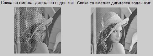 Слика 6. Резултат од вметнувањето на дигитален воден жиг со а) α=100 и б) α=10 Поради големата вредност на α водениот жиг е доста забележлив.