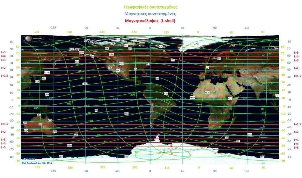 Γεωγραφικές συντεταγμένες Γεωμαγνητικές συντεταγμένες Μαγνητοκελύφη / L-shells Εικόνα 51: Προβολή των γεωγραφικών συντεταγμένων (καμπύλες πράσινου χρώματος) πάνω στο ισοτροπικό σύστημα των