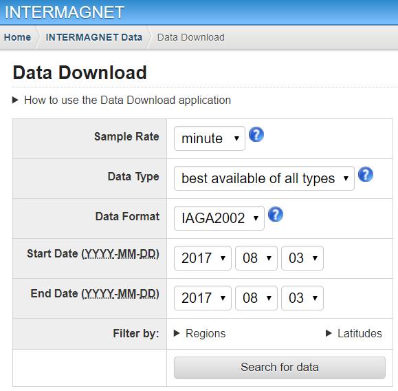 ii. Κατέβασμα των αρχείων Κατεβάσαμε τα δεδομένα που θα χρησιμοποιήσουμε από την αντίστοιχη σελίδα του δικτύου INTERMAGNET, συμπληρώνοντας τη φόρμα αναζήτησης με τα εξής στοιχεία: Πεδίο Sample Rate
