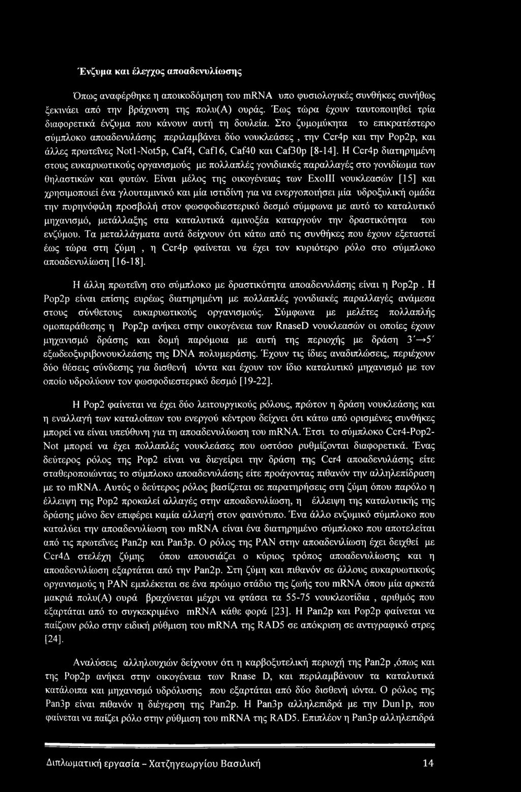 Στο ζυμομύκητα το επικρατέστερο σύμπλοκο αποαδενυλάσης περιλαμβάνει δύο νουκλεάσες, την Ccr4p και την Ρορ2ρ, και άλλες πρωτεΐνες Notl-Not5p, Caf4, Cafl6, Caf40 και Caf30p [8-14], H Ccr4p διατηρημένη