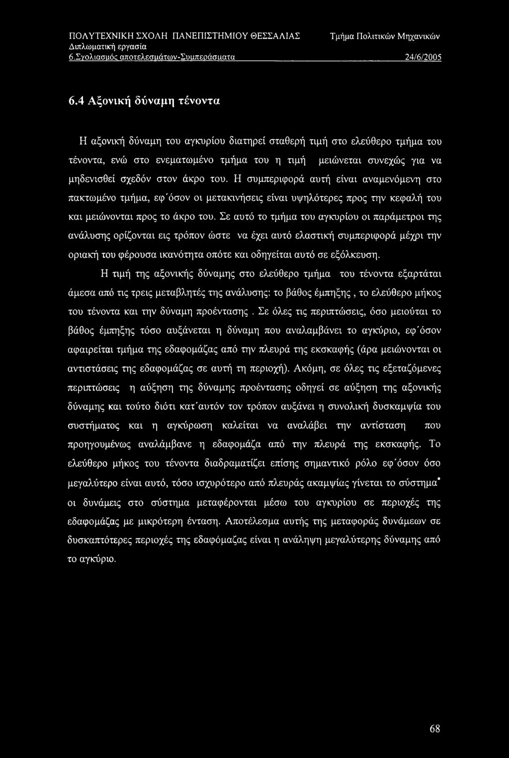 του. Η συμπεριφορά αυτή είναι αναμενόμενη στο πακτωμένο τμήμα, εφ'όσον οι μετακινήσεις είναι υψηλότερες προς την κεφαλή του και μειώνονται προς το άκρο του.