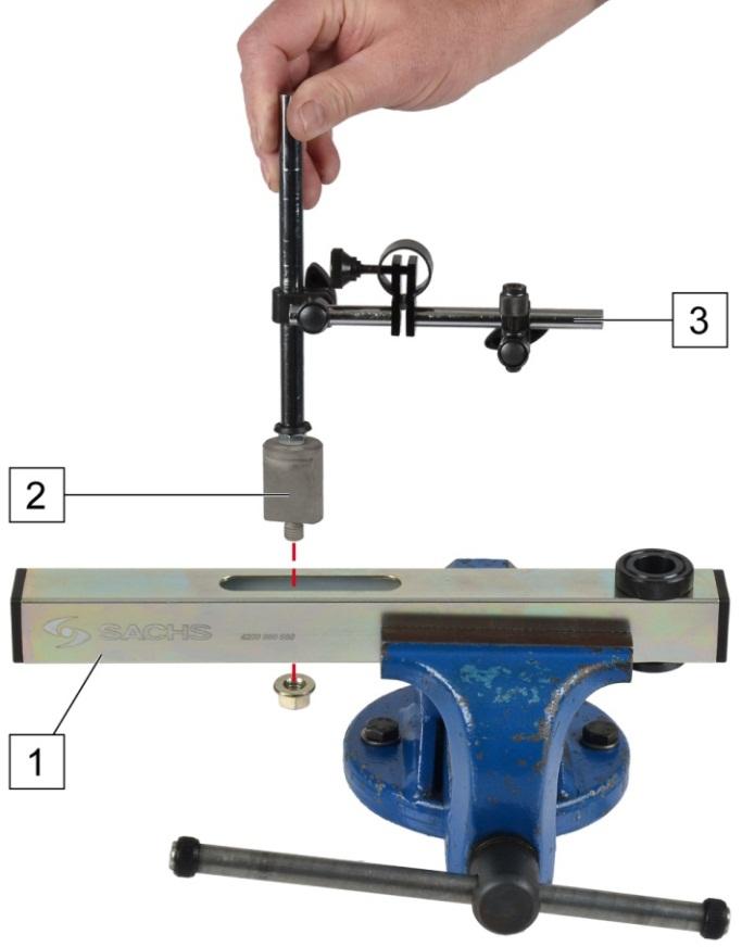 3.1 Συναρμολόγηση συσκευής μέτρησης στρεβλότητας 1. Τεντώστε τη βάση (1) σε οριζόντια θέση μέσα στη μέγγενη. 2. Βιδώστε το στήριγμα (3) για μετρητή πάνω στο ζεύκτη (2). 3.