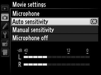 Microphone (Μικρόφωνο): Ενεργοποιήστε ή απενεργοποιήστε το ενσωματωμένο ή τα προαιρετικά στερεοφωνικά μικρόφωνα ME-1 ή προσαρμόστε την ευαισθησία του μικροφώνου.