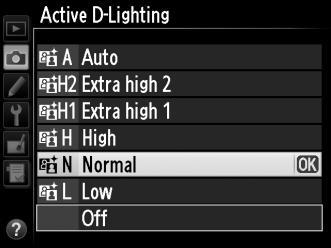 Άν έχει επιλεγεί Y Auto (Αυτόματο), η φωτογραφική μηχανή θα προσαρμόσει Κουμπί J αυτόματα το Ενεργό D-Lighting ανάλογα με τις συνθήκες λήψης (σε λειτουργία έκθεσης h, ωστόσο, το Y Auto (Αυτόματο)