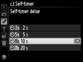 c3: Self-Timer (Χρονομέτρης αυτοφωτογράφησης) Κουμπί G A μενού Προσαρμοσμένων Ρυθμίσεων Επιλέξτε τη διάρκεια υστέρησης της απελευθέρωσης του κλείστρου, τον αριθμό των λήψεων που θα πραγματοποιονται