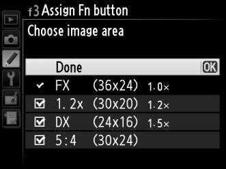 Press + command dials (Πάτημα + επιλογείς εντολών) Επιλέγοντας Press+ command dials (Πάτημα + επιλογείς εντολών) εμφανίζονται οι ακόλουθες επιλογές: U i $ v w y n Επιλογή Choose image area (Επιλογή