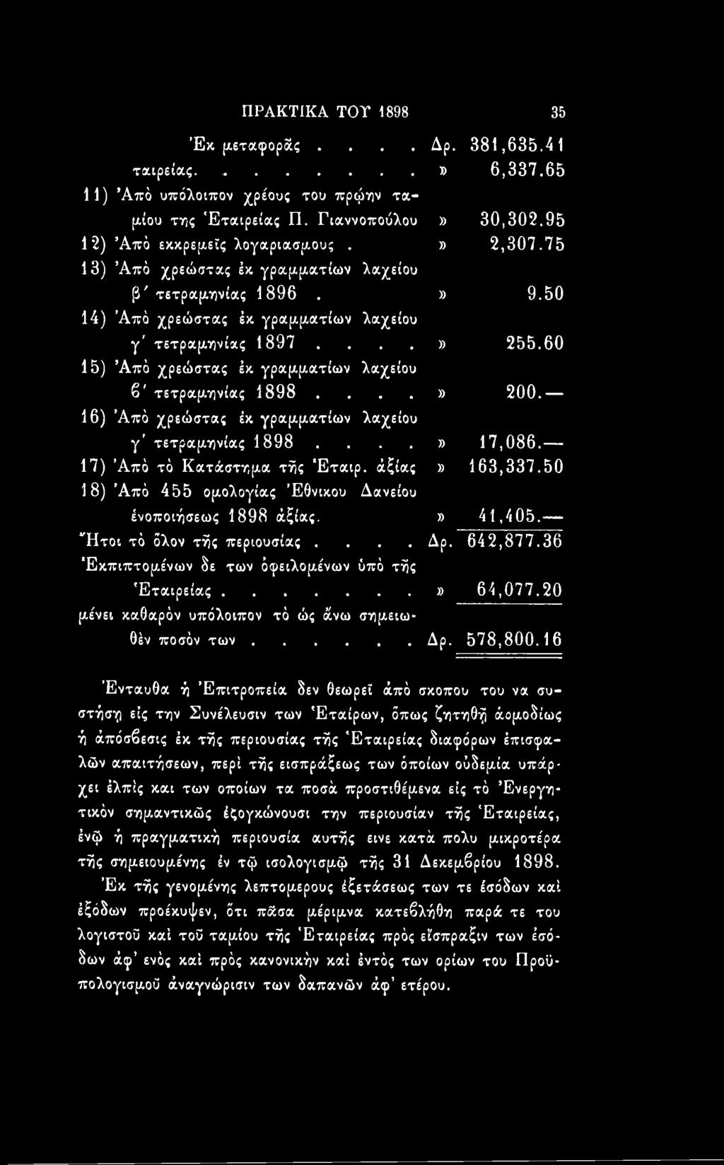 .. μένει καθαρόν υπόλοιπον τό ώς άνω σημειω-» 64,077,20 θέν ποσόν των... Δρ. 578,800.