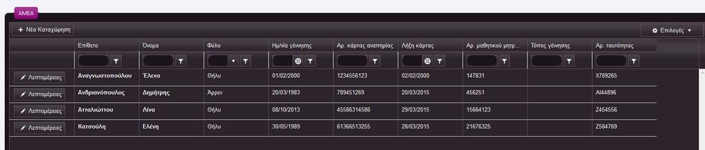 Διαμόρφωση Το σύστημα μας δίνει τη δυνατότητα αναζήτησης των καταχωρημένων εγγραφών με την βοήθεια φίλτρων. Σε κάθε στήλη υπάρχει φίλτρο, ώστε για να γίνει η αναζήτηση που χρήστη πιο εύκολη.