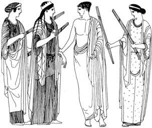 Οι γυναίκες φορούσαν μερικές φορές ένα επίβλημα (σάλι) πάνω από πέπλο ή χιτώνα. Οι νεαροί άνδρες φορούσαν συχνά ένα κοντό μανδύα (χλαμύδα) για ιππασία.