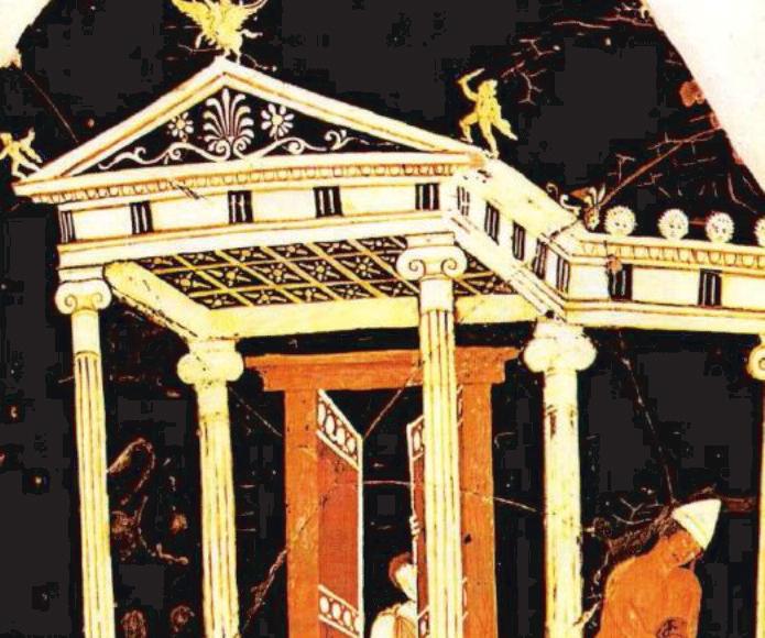 (θεατρική παράσταση σε αγγειογραφία - 4ος αιώνας π.χ.) προς τους ήρωες του έργου. Τα σκαλάκια αυτά ονομάζονταν "κλίμακες του Χάρωνα".
