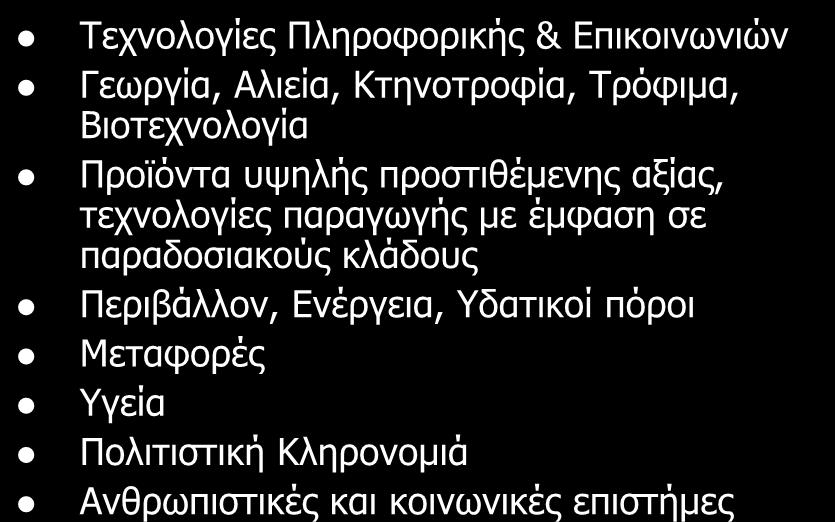 ΘΕΜΑΤΙΚΟΙ ΤΟΜΕΙΣ Τεχνολογίες Πληροφορικής & Επικοινωνιών Γεωργία, Αλιεία, Κτηνοτροφία, Τρόφιμα, Βιοτεχνολογία Προϊόντα υψηλής προστιθέμενης αξίας, τεχνολογίες