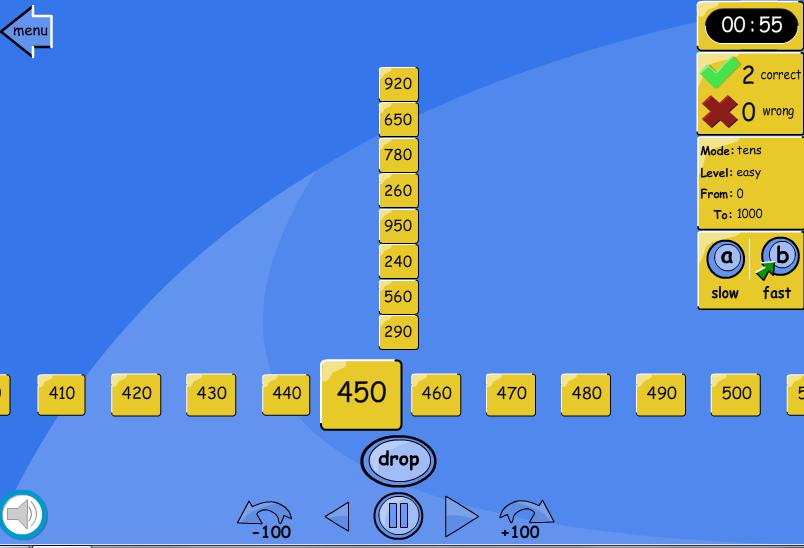 uk/activity/number-line-drop-tens-351 Τα παιδιά κινούνται (προς τα δεξιά ή προς τα αριστερά) 10-10 ή 100-100 στην αριθμητική γραμμή, για να εντοπίσουν τη