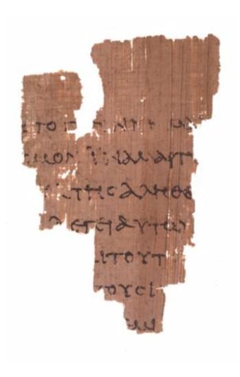 Back side of the Rylands Fragment John 18:37-38 ΒΑΣΙΛΕΥΣ ΕΙΜΙ ΕΓΩ ΕΙΣ TOΥΤΟ ΓΕΓΕΝΝΗΜΑΙ ΚΑΙ (ΕΙΣ ΤΟΥΤΟ) ΕΛΗΛΥΘΑ ΕΙΣ ΤΟΝ ΚΟΣΜΟΝ ΙΝΑ ΜΑΡΤY- ΡΗΣΩ ΤΗ ΑΛΗΘΕΙΑ ΠΑΣ Ο ΩΝ EΚ ΤΗΣ ΑΛΗΘΕI- ΑΣ ΑΚΟΥΕΙ ΜΟΥ ΤΗΣ