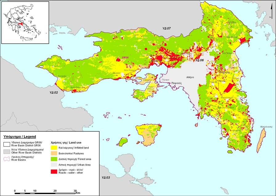 Ανάλυση ανθρωπογενών πιέσεων και των επιπτώσεών τους στα επιφανειακά και στα υπόγεια υδατικά συστήµατα Οι χρήσεις γης του Υδατικού ιαµερίσµατος, µε την χρήση των ενοτήτων του Συστήµατος Αναγνώρισης