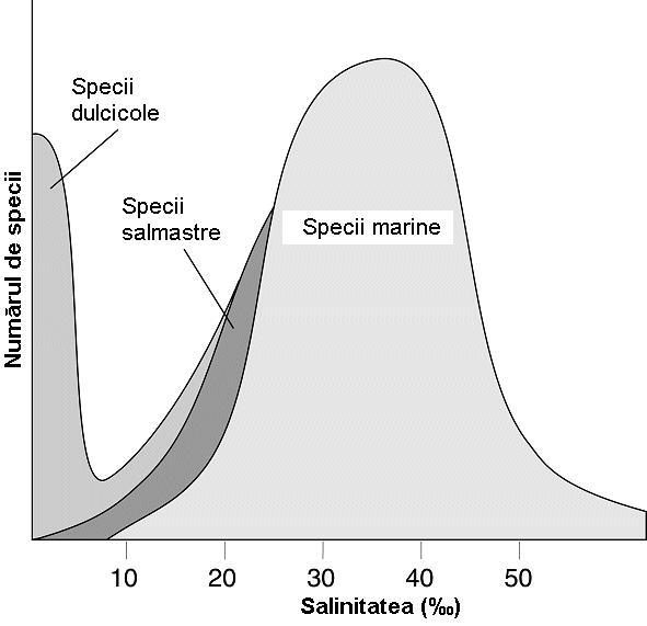 Structura ecosistemului Figura 3.6 Dinamica numărului de specii de organisme acvatice în funcţie de salinitatea apei.