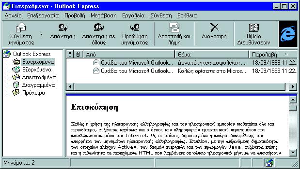 Σημειώσεις στο INTERNET Εικόνα 2-7 Βασική οθόνη εισερχομένου μηνύματος Στην εικόνα 2-7 βλέπετε τη βασική εικόνα για τα μηνύματα που σας στέλνουν (εισερχόμενα).