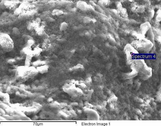 25: Φωτογραφία από το SEM εσωτερικής επιφάνειας πόρου αφρού δολομίτη όπου διακρίνονται σωματίδια προσαρτημένα στα τοιχώματα (0,5% κ.β CaMg(CO 3 ) 2, Τ foam = 650 o C, t foam = 13min).