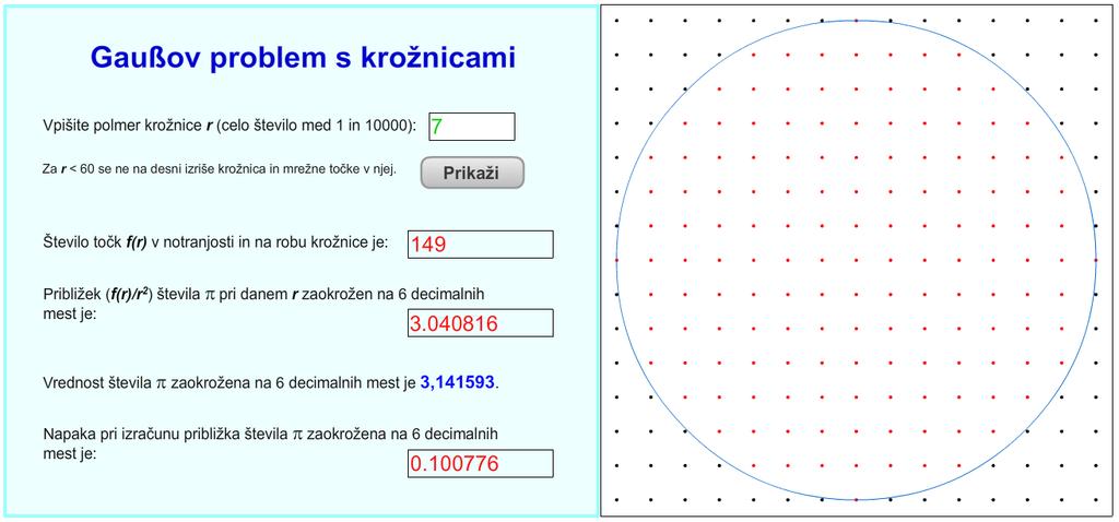 Slika 48: Izgled ra unalni²kega programa Gauÿov problem s kroºnicami ob izvajanju premajho ali preveliko.