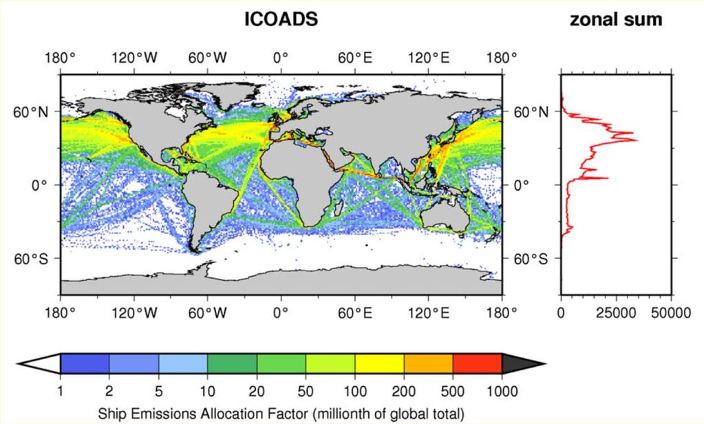 Χωρική κατανομή των εκπομπών από τα πλοία (Eyring et al.