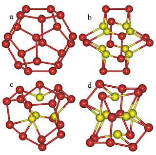 Povečanje števila vzorcev osnovne tkanine ekosistema a. centralni dodekahedron b. kubična votlina c. tetrahedralna votlina d.