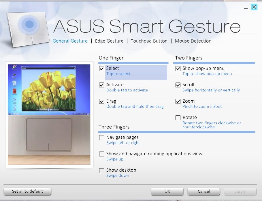 3. Στο παράθυρο ASUS Smart Gesture, επιλέξτε Rotate (Περιστροφή) και τα στοιχεία κάτω από το Three fingers (Τρία δάκτυλα). 4.