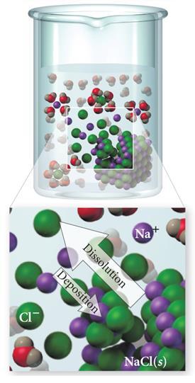 τα Νa + και Cl, καθώς κινούνται στο διάλυμα, έχουν μια πιθανότητα να συγκρουστούν με το κρυσταλλικό NaCl(s) και να προσκολληθούν πάνω του, δηλαδή να