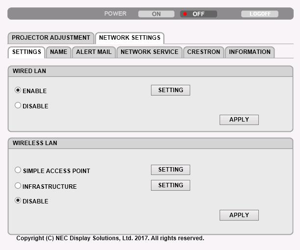 3. Πρακτικές Λειτουργίες NETWORK SETTINGS SETTINGS WIRED LAN ENABLE DISABLE SETTING DHCP ON DHCP OFF IP ADDRESS SUBNET MASK GATEWAY AUTO DNS ON AUTO DNS OFF APPLY WIRELESS LAN SIMPLE ACCESS POINT