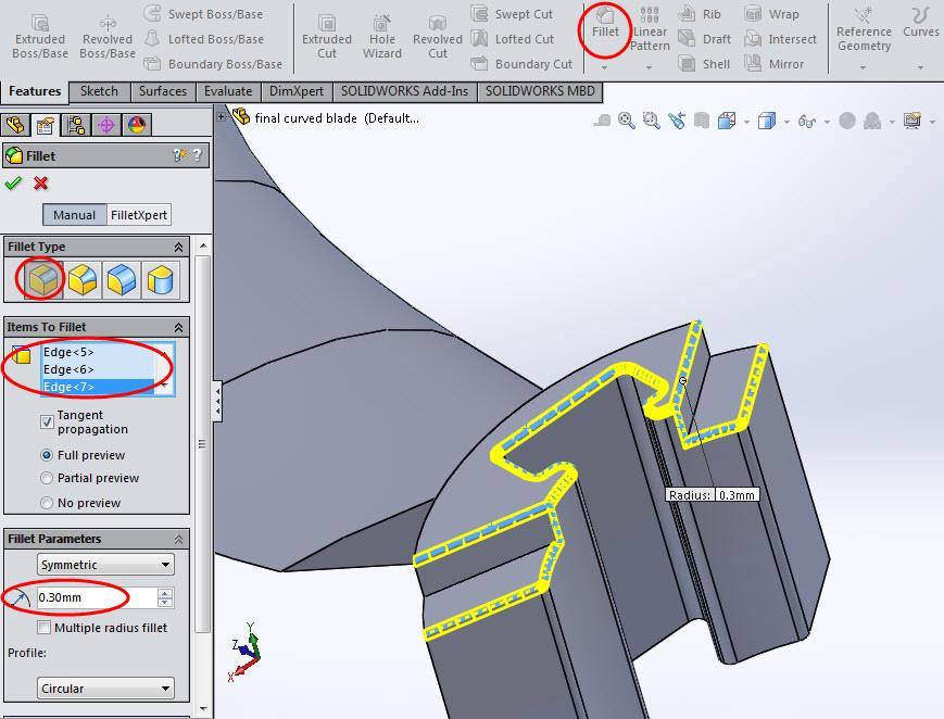 72 Κάνοντας ένα Fillet 0.30 mm από το menu Surfaces (εικόνα 5.73), πατάμε και μετονομάζουμε την εντολή σε Fillet R0.