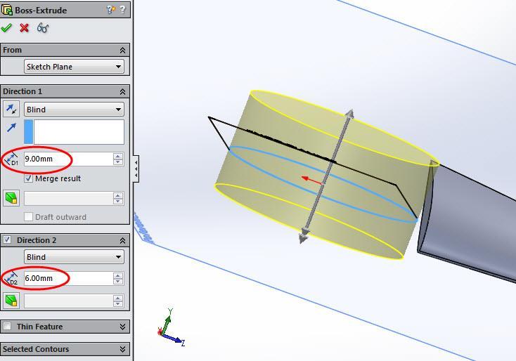 Στο παράθυρο Direction 1 επιλέγουμε Blind, D1 = 9mm, και Merge result ενώ στο παράθυρο Direction 2 επιλέγουμε Blind και D2 = 6mm. Πατάμε.