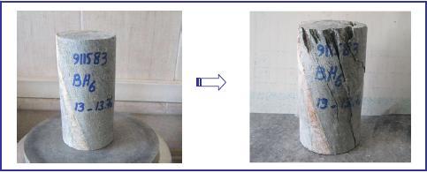 شکل 3 - وضعیت نمونه در آزمایش سه محوري: قبل از آزمایش در چپ و بعد از آزمایش در راست 3-3-4- آزمایش برش مستقیم مقاومت برشي ماده سنگ سطوح درزه و ناپيوستگي ها در تحليل پايدار شيرواني ها سنگي و ساير سازه