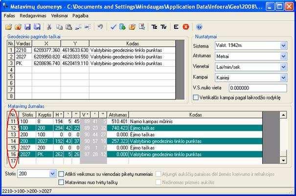 Matavimų duomenys dialogo lango srityje Matavimų žurnalas (žr. 16.4. pav.) ant lauko Nr. pasirinktos eilut s du kartus spragtel jus pel s kairįjį klavišą, pažymite planimetrinio jimo taškus (žr. 16.5.