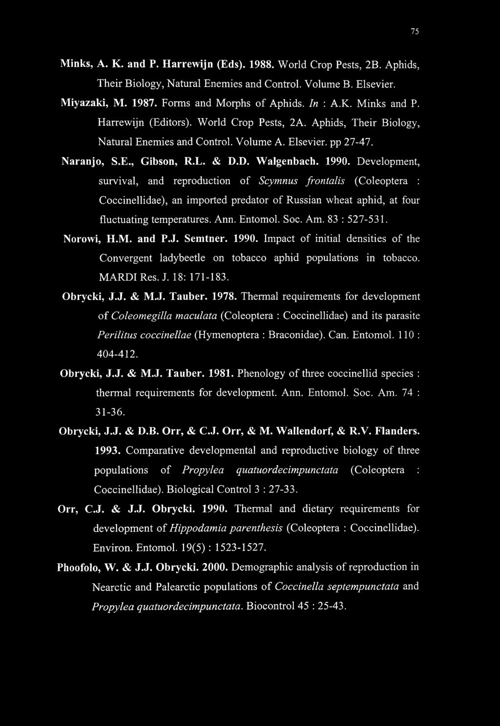 Development, survival, and reproduction of Scymnus frontalis (Coleoptera : Coccinellidae), an imported predator of Russian wheat aphid, at four fluctuating temperatures. Ann. Entomol. Soc. Am.