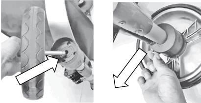 3. Attach the rear wheels: Line up the wheel axle with the hole on the rear wheel housing, and slide it in all the way. Make sure the wheel us locked in by trying to pull the wheel out slightly.