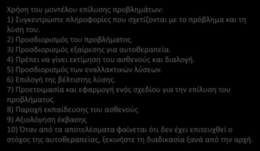 πλαίσια της αυτοφροντίδας και της αυτοθεραπείας Χρήση του μοντέλου επίλυσης προβλημάτων: 1) Συγκεντρώστε