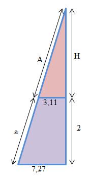 1º Se completamos o tronco de pirámide ata ter unha pirámide completa obtemos o triángulo da parte inferior da figura. 2º Calculamos H: Na figura inferior temos dous triángulos semellantes.