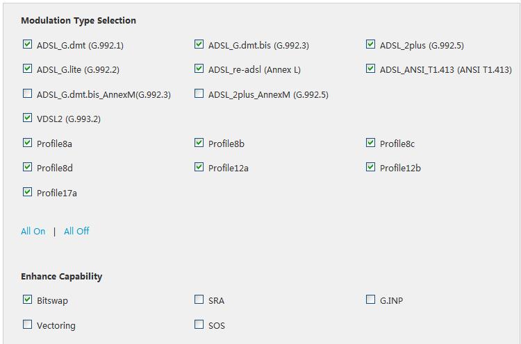Διαμόρφωση Διαδικτύου Σχήμα 3-4 Παράμετροι διαμόρφωσης DSL 6. Επιλέξτε τους τύπους διαμόρφωσης DSL. Σημείωση: l Πατήστε All On (Ενεργοποίηση όλων) για να επιλέξετε όλους τους τύπους διαμόρφωσης DSL.