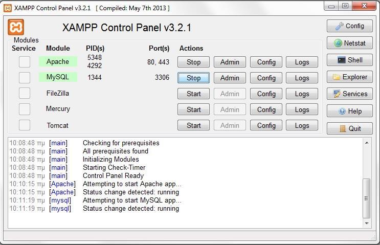 Βήμα 5: Αφού ολοκληρωθεί η εγκατάσταση πατάμε Finish και ανοίγουμε τον πίνακα ελέγχου του XAMPP. Ενεργοποιούμε τις επιλογές Apache και MySql και πατάμε start.