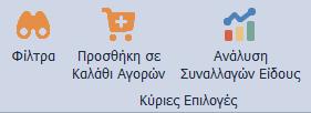 Πεδίο Αξία Αγορών Περιόδου : Αξία αγορών περιόδου για το κατάστημα. Επιλογές / Ενέργειες Φίλτρα: Εμφανίζετε τα φίλτρα και εκτελείτε εκ νέου αναζήτηση.