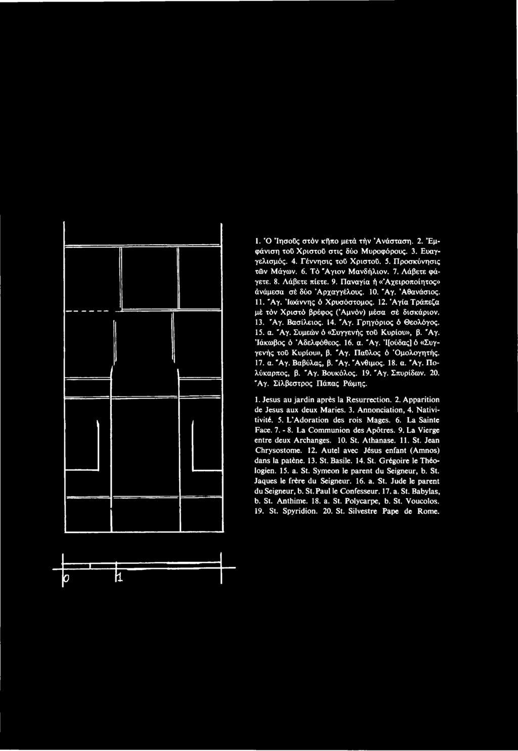 20. Ά γ. Σίλβεστρος Πάπας Ρώμης. 1. Jésus au jardin après la Résurrection. 2. Apparition de Jésus aux deux Maries. 3. Annonciation, 4. Nativitivité. 5.