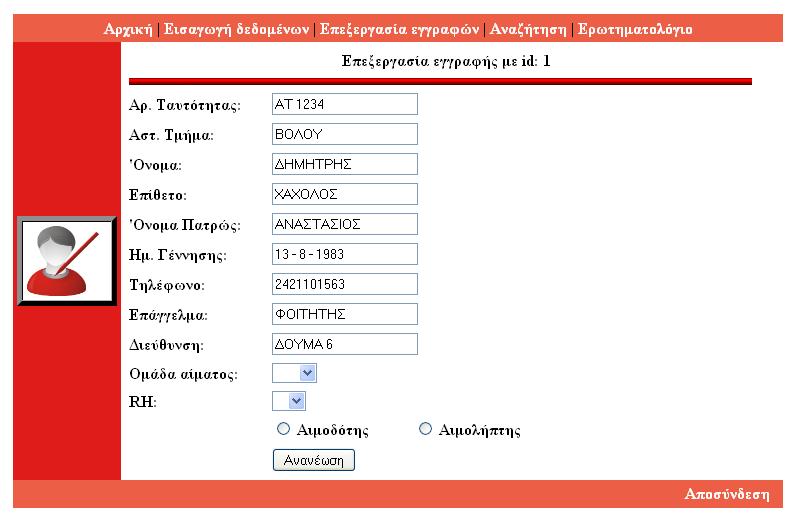 Οη ηηκέο ηεο θαηαρσξεκέλεο εγγξαθήο Σν id πνπ επέιεμε ν ρξήζηεο Δηθόλα 59 Δπεμεξγαζία εγγξαθήο ε απηό ην ζεκείν ν administrator κπνξεί λα δηνξζώζεη όπνην ιάζνο πξνέθπςε θαηά ηελ εηζαγσγή ησλ